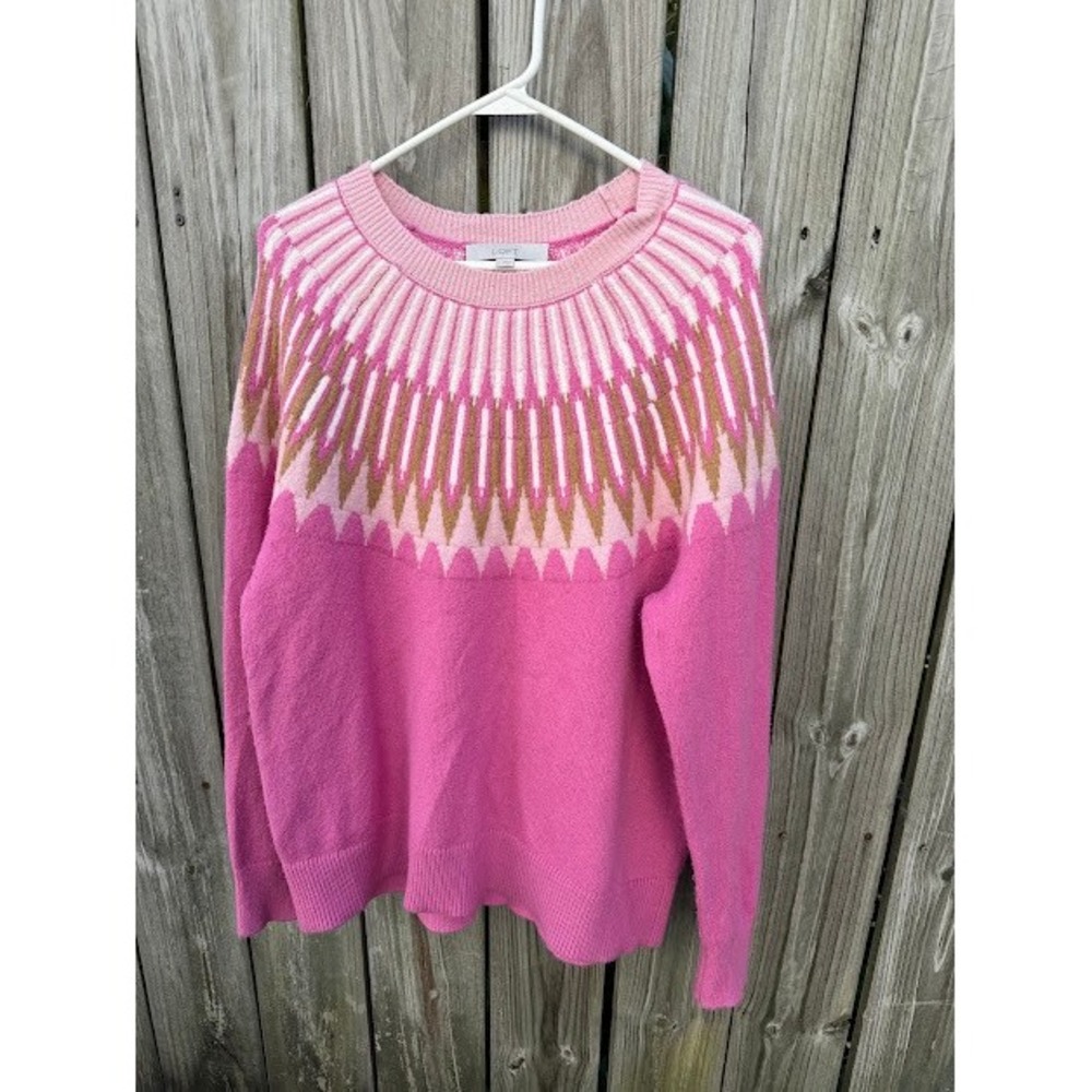 Fair Isle Nordic Winter LOFT Sweater Large Pink Geometric Crew Neck Pullover